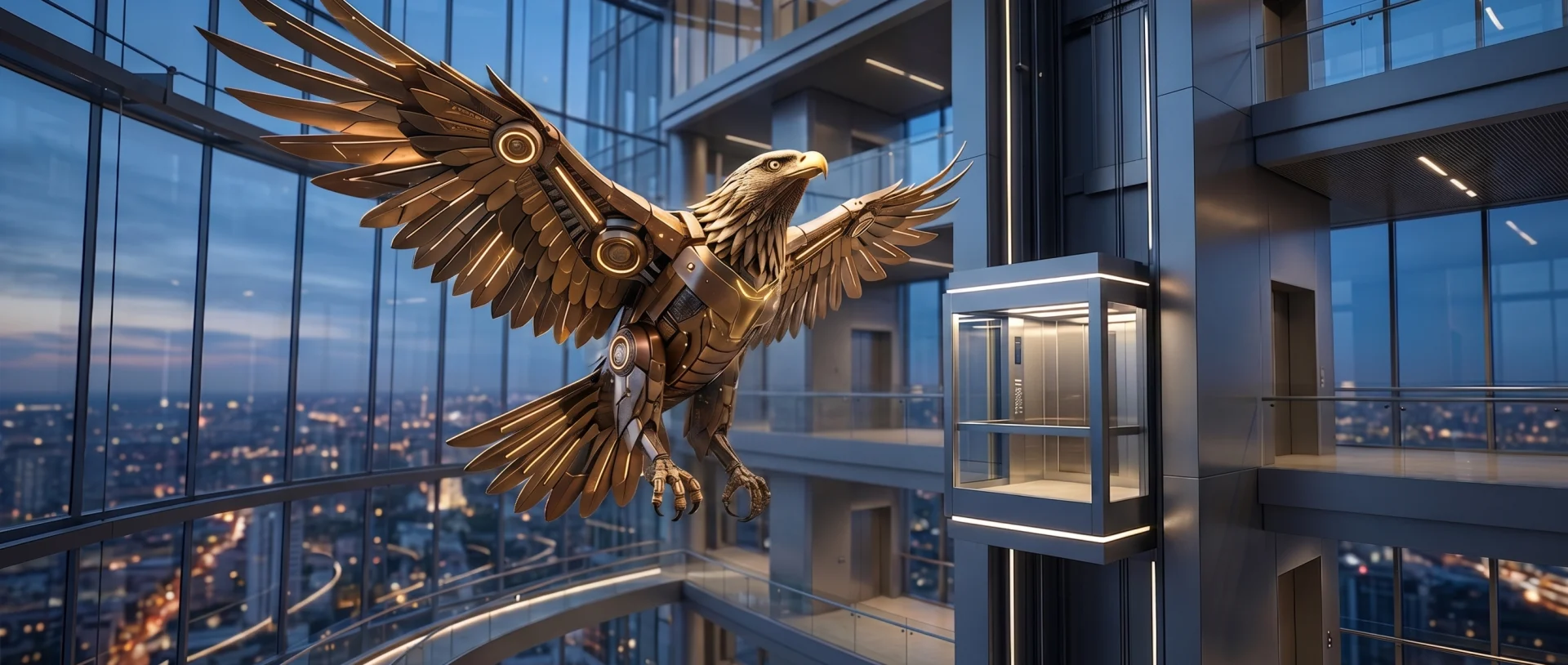 Modern gökdelen atriumu, cam asansör, mekanik kartal figürü ve Guzubey Gökmetal logosu